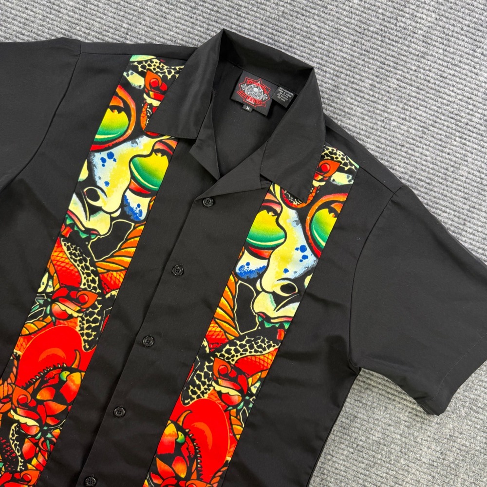 Dragonfly Roadhouse Tattoo Graphic Bowling Shirt Mens Medium Black Rockabilly